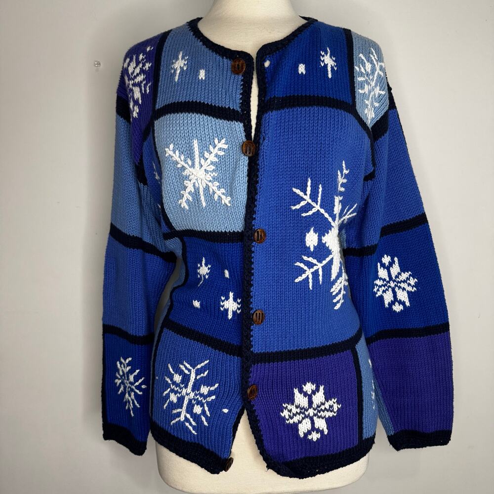 VINTAGE | NORM THOMPSON Snowflake Patchwork Knit Cotton Cardigan Sweater  XL